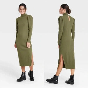 Who What Wear Puff Longsleeve Knit Sweater Midi Dress in Winter Moss Green S